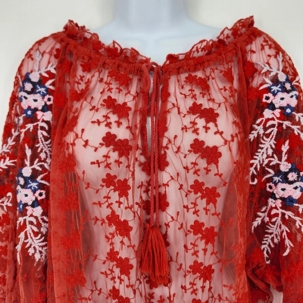 Free People Red Sheer Lace Floral Boho Top Womens XS Romantic Ethereal Fairy‎
